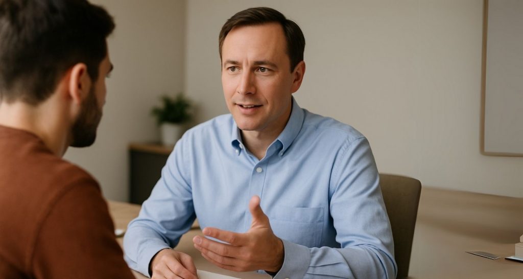 Picture of an attorney speaking with a client