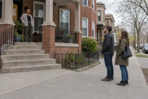 A tenant on a front porch speaks with two people on the sidewalk outside a row house.
