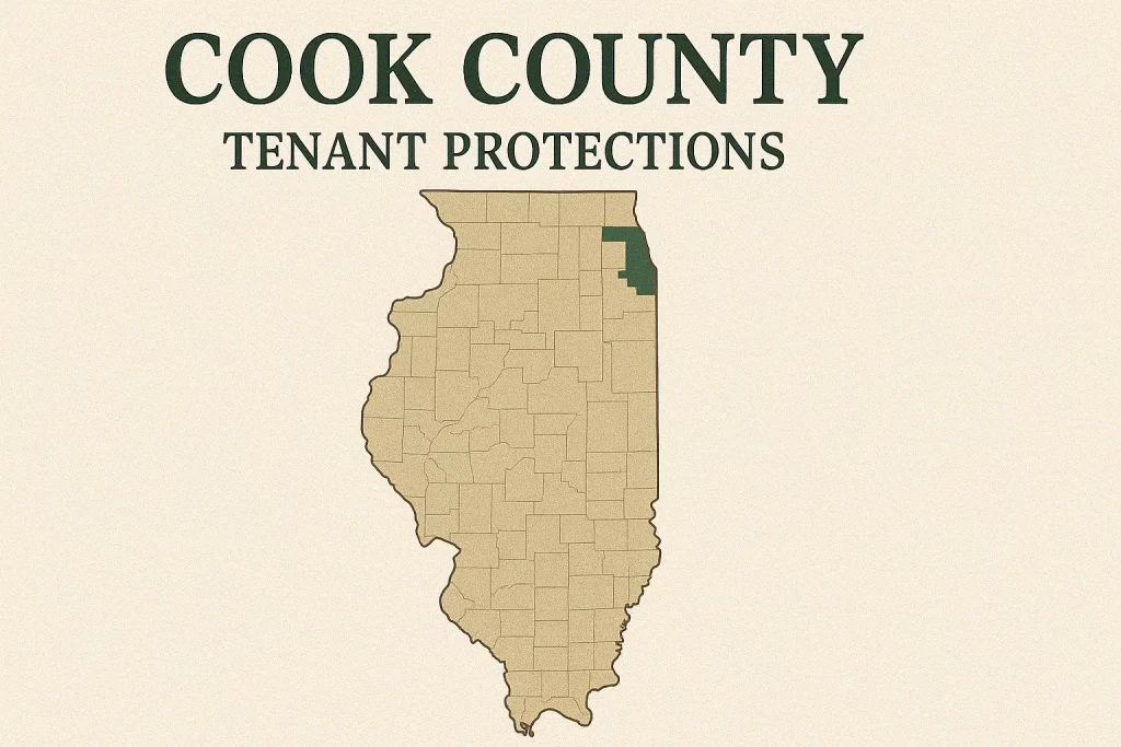 Map of cook county with tenant protections at top of image