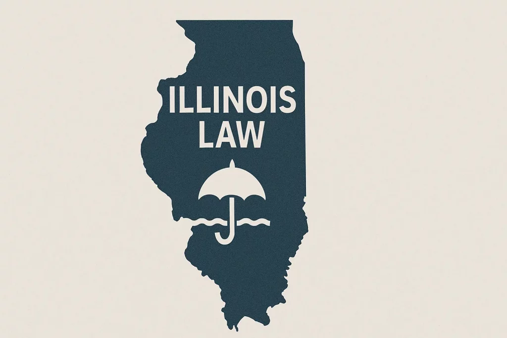 map of illinois with "Illinois Law" and an umbrella superimposed.