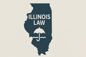 map of illinois with "Illinois Law" and an umbrella superimposed.