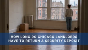 How Long Do Chicago Landlords Have To Return A Security Deposit A woman looks out the window of a mostly empty Chicago apartment with a box on the floor.