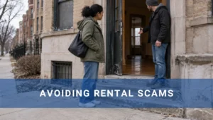 Avoiding Rental Scams A prospective renter speaks with a man at the doorway of an apartment building.