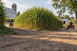 Riders travel along a dusty farm lane beside a tall cornfield.
