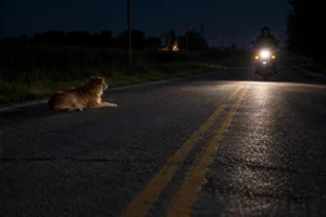 A dog lies in a dark road as a motorcycle approaches with its headlight on.