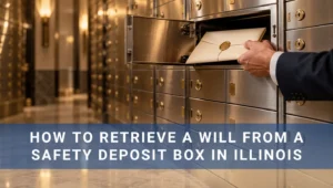 Safety deposit box in bank with hand holding will. How to Retrieve a Will from a Safety Deposit Box in Illinois overlayed