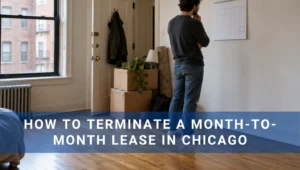 A renter stands near packed boxes and a wall calendar in an apartment.
