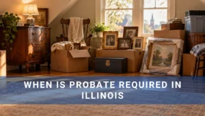 picture of a house with possessions and When Is Probate Required in Illinois overlayed