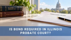 Image of desk with fiduciary bond on it with skyline and overlay is bond required in Illinois probate court