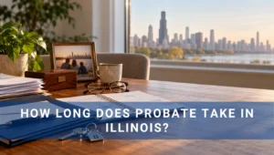 Image of desk and Chicago skyline with how long does probate take in Illinois overlayed