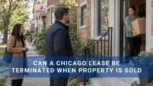 Two people speak with a tenant holding a moving box at the entrance of an apartment building.