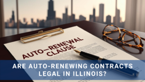 Image of an auto-renewing contract on a desk with a pen with the chicago skyline in the background