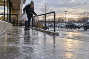 Does a Contract Between a Business and a Snow Removal Company Create a Duty to Protect Customers from Natural Accumulations of Snow and Ice? A customer carrying grocery bags steps onto an icy outdoor ramp beside a parking lot.