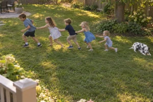 Children run across a backyard as a spotted dog follows them.