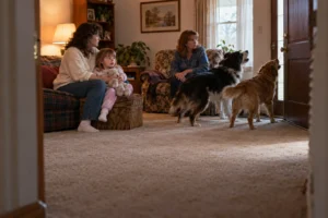 A child sits with two women in a living room while two dogs stand nearby.