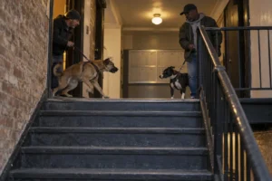 Two people manage dogs at the top of a workplace stairwell.