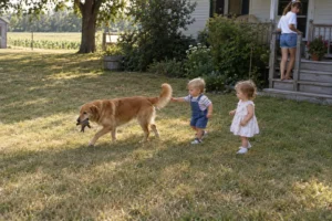 A dog walks near two small children in a yard while an adult stands on the porch.