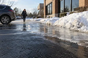 A person walks beside pooled meltwater and snowbanks outside a business.