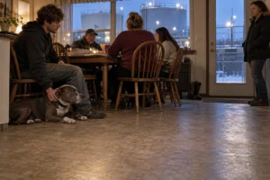 A dog lies near a family dining table while a man stands by the doorway.