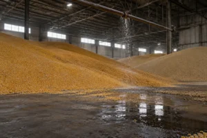 Water drips from an overhead pipe onto grain piles in a warehouse.
