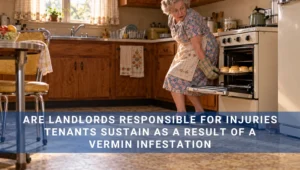 A woman pulls a baking tray from an oven as a mouse scurries across her kitchen floor.
