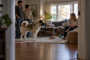 A family watches a large dog standing in their living room near a seated woman and child.