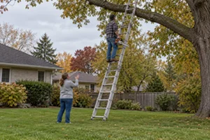 A man stands on a ladder in a yard while a woman looks up from below.
