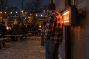 A man stands beside an outdoor heater on a crowded bar patio at dusk.
