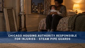 A woman holds a baby beside an exposed steam pipe and a detached guard in an apartment.