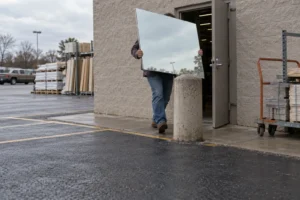 A shopper carries a large mirror through a store exit beside a concrete bollard.