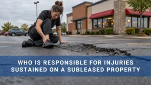 A woman crouches beside damaged asphalt in a commercial parking lot.