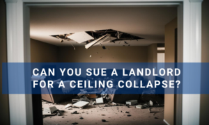 An image of a ceiling collapse in living room with text "can you sue a landlord for a ceiling collapse" imposed over it.