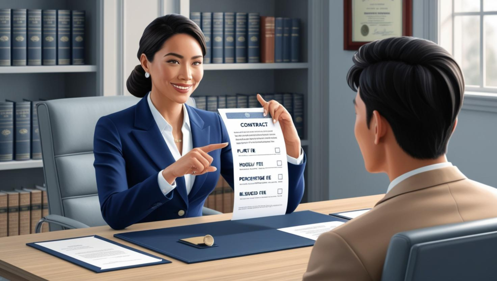 A female attorney sitting across a desk from a male client. The female attorney is holding a piece of paper that says "contract" and lists different types of legal fees.