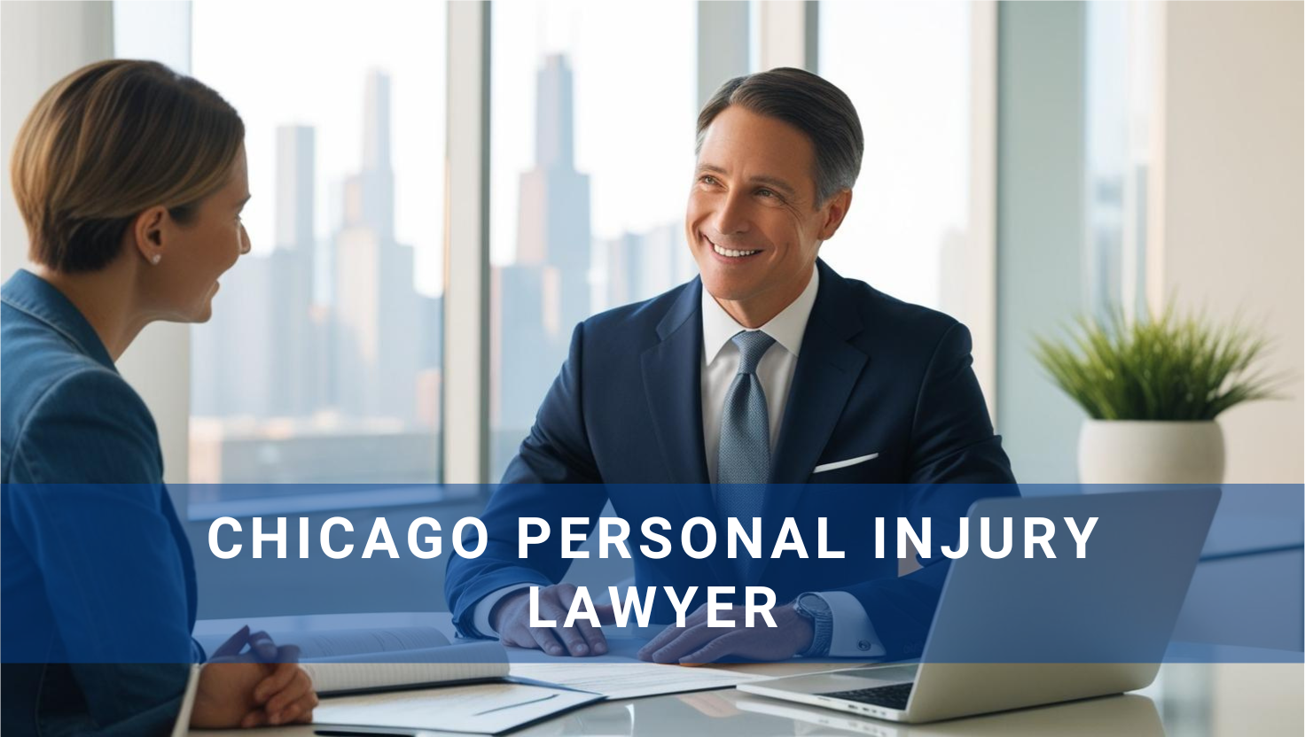 personal injury lawyer in a suit sitting at a desk in front of a computer talking to a client.