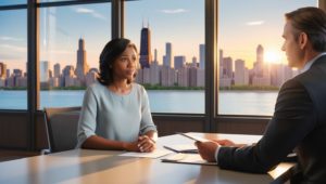 Female client sitting across desk from male attorney discussing the costs of breaking a lease. Chicago skyline in background