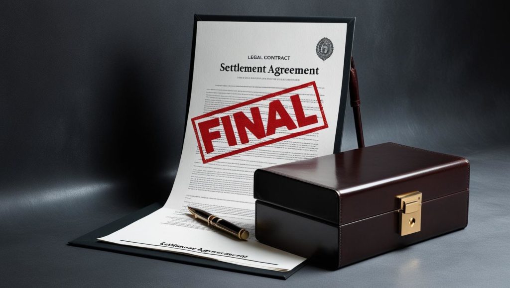 Picture of a briefcase and a settlement agreement noting the finality of settling a injury case