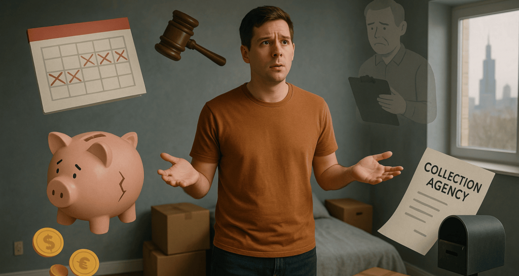 Man surrounded by images depicting consequences of breaking a lease