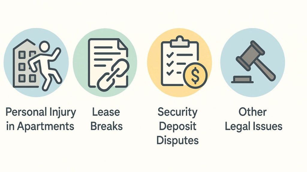 A listing of tenants rights case types including deposit, injury, lease break and others