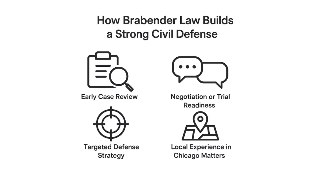 Icons depicting civil litigation defense