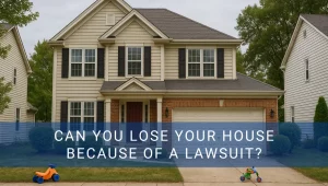 Picture of house with text overlay can you lose your house because of lawsuit?