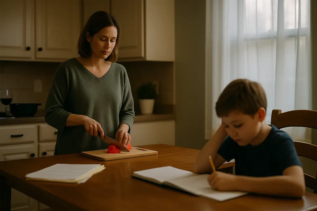 Mother and son mourning loss of family member. Mother cutting vegetables. Son coloring