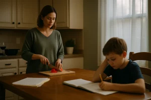 Mother and son mourning loss of family member. Mother cutting vegetables. Son coloring