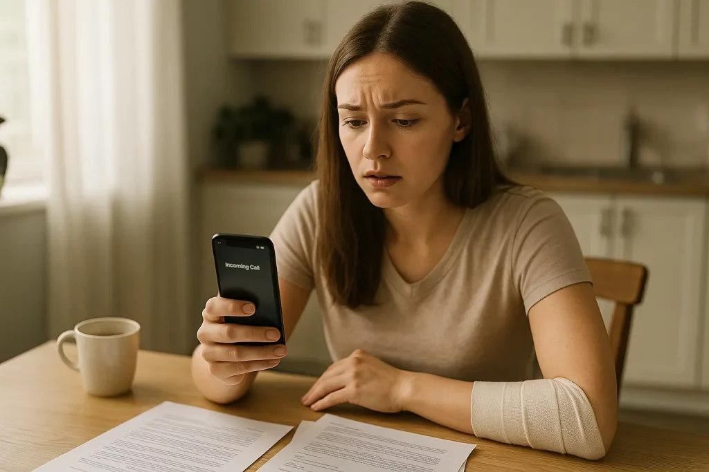 Injured woman receiving call from insurance
