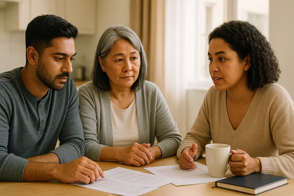 Family sitting around table discussing compensation
