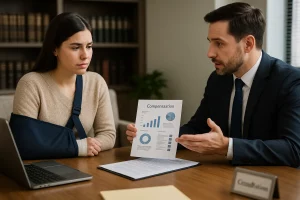 Male lawyer explaining potential claim to female injury victim