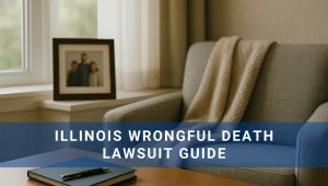 Image of photo next to empty chair with Illinois wrongful death lawsuit guide superimposed