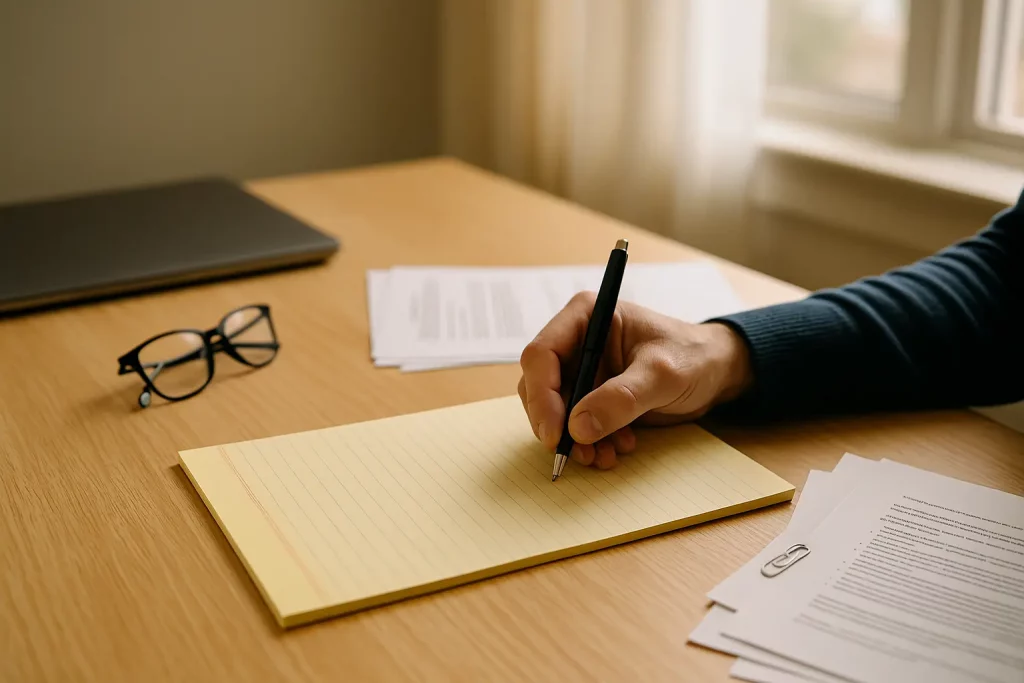 Hand holding a pen on a desk
