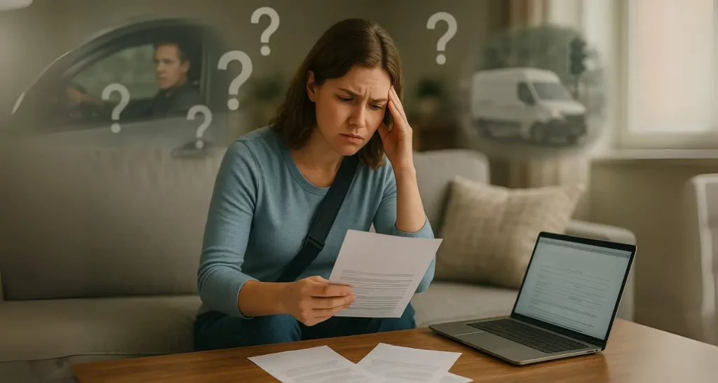 Woman on couch thinking about who she can sue