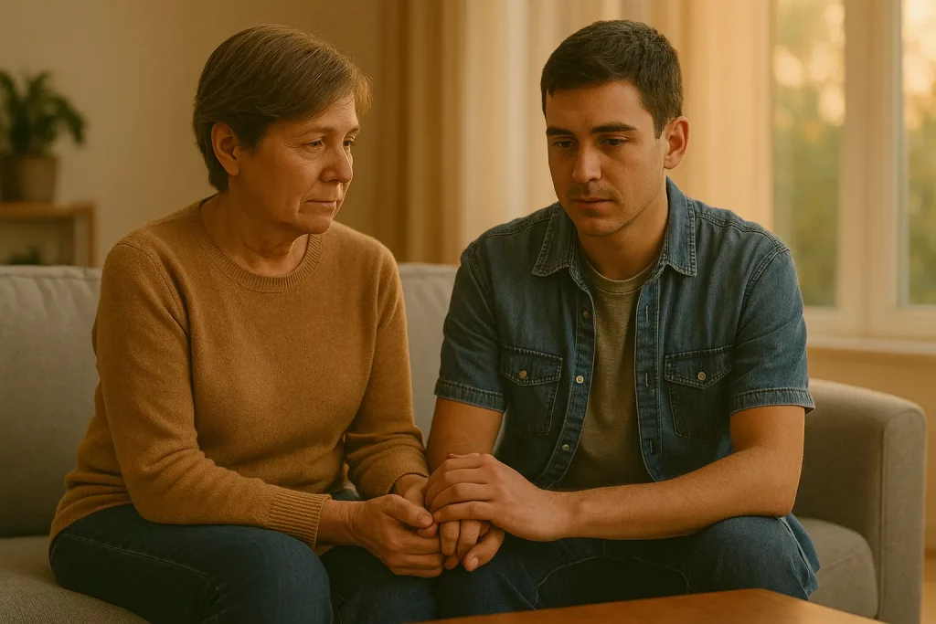 Mother and son mourning the loss of a family member in wrongful death