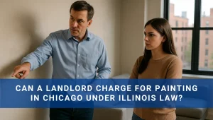 Landlord pointing out paint scuffs to tenant in chicago apartment